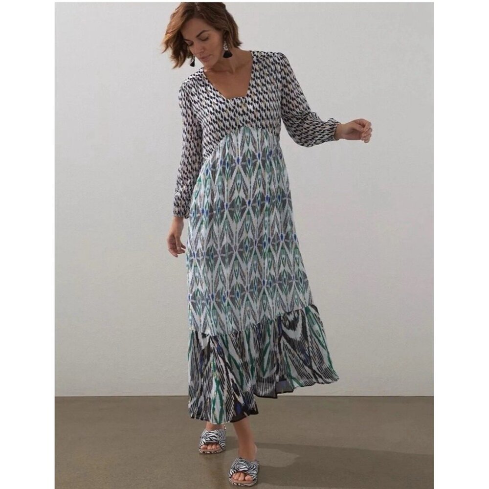 Chico's Dress  Ikat Clip Dot Maxi Size 6 Tiered  Resortwear Geo 077